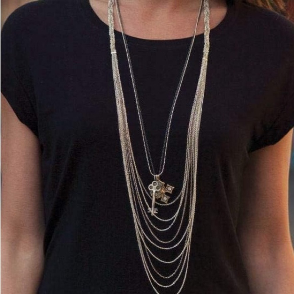 STELLA & DOT Silver Gun Metal tone KEY CROSS COIN Labradorite Pendant Necklace